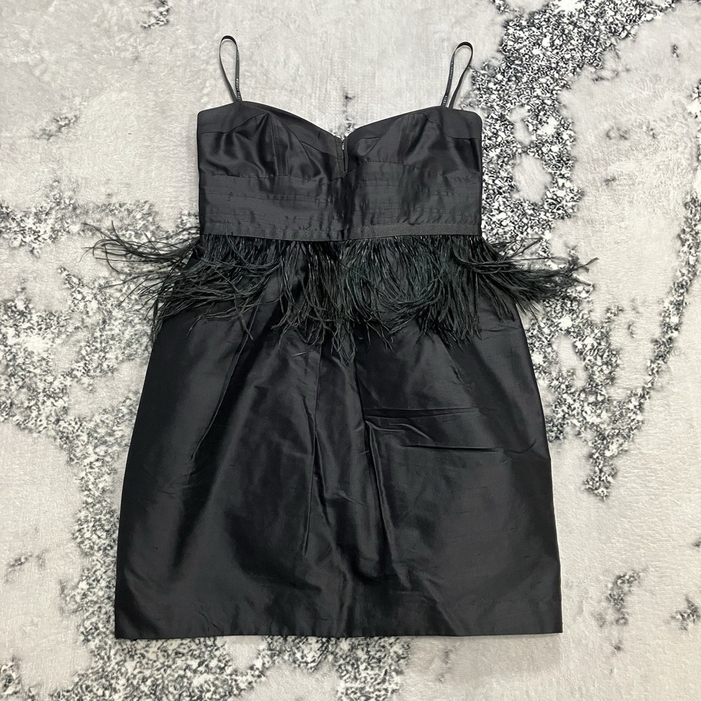 Alexia Admor Black Feather Trim‎ Cocktail Dress Spaghetti Strap Mini Size Small